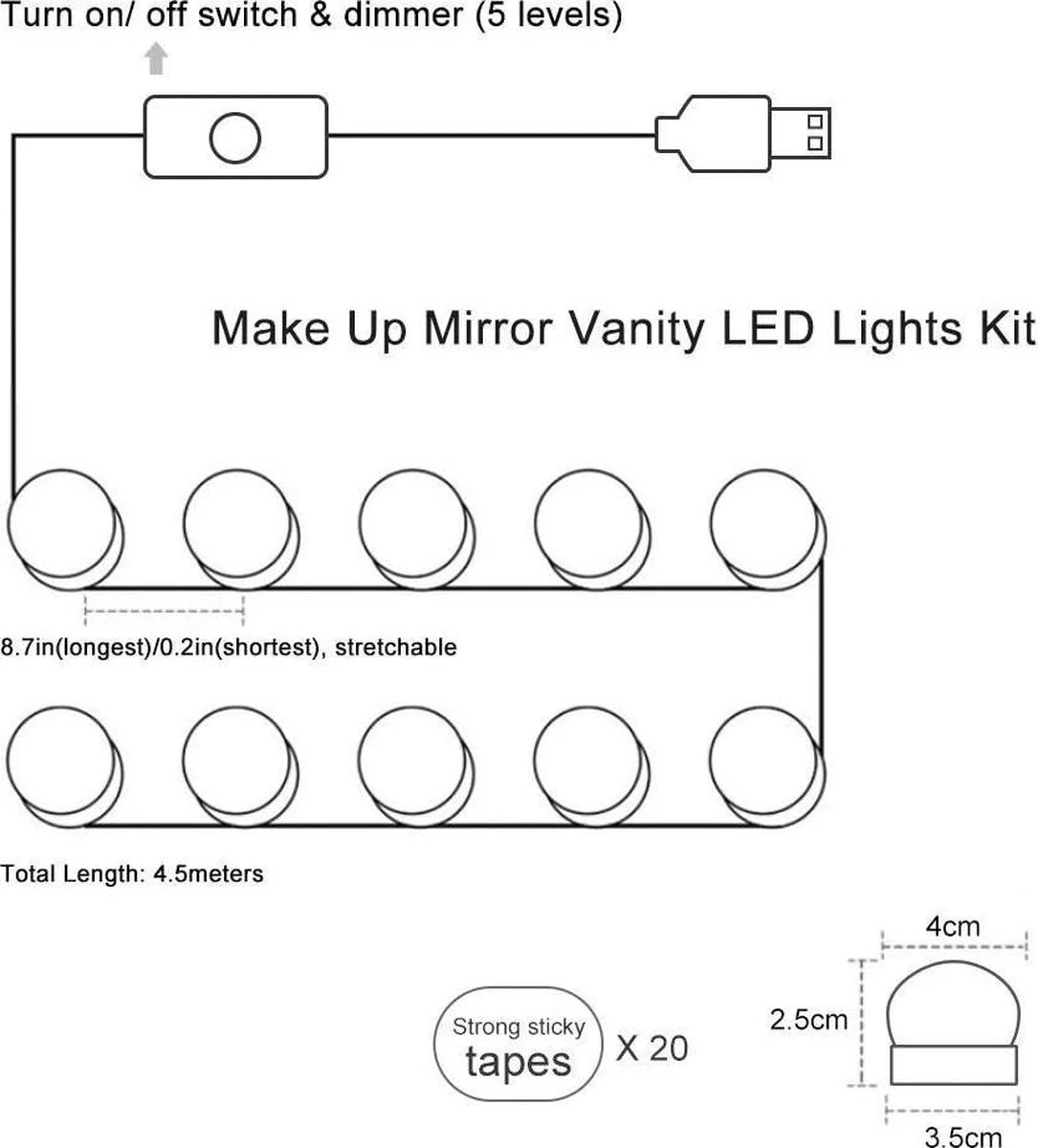 Merkloos LED Spiegel | 10 LEDS | Make-up Spiegel | Helderheid Aanpasbaar | USB Voeding | Geheugenfunctie 8 Merkloos LED Spiegel | 10 LEDS | Make-up Spiegel | Helderheid Aanpasbaar | USB Voeding | Geheugenfunctie - Image 6