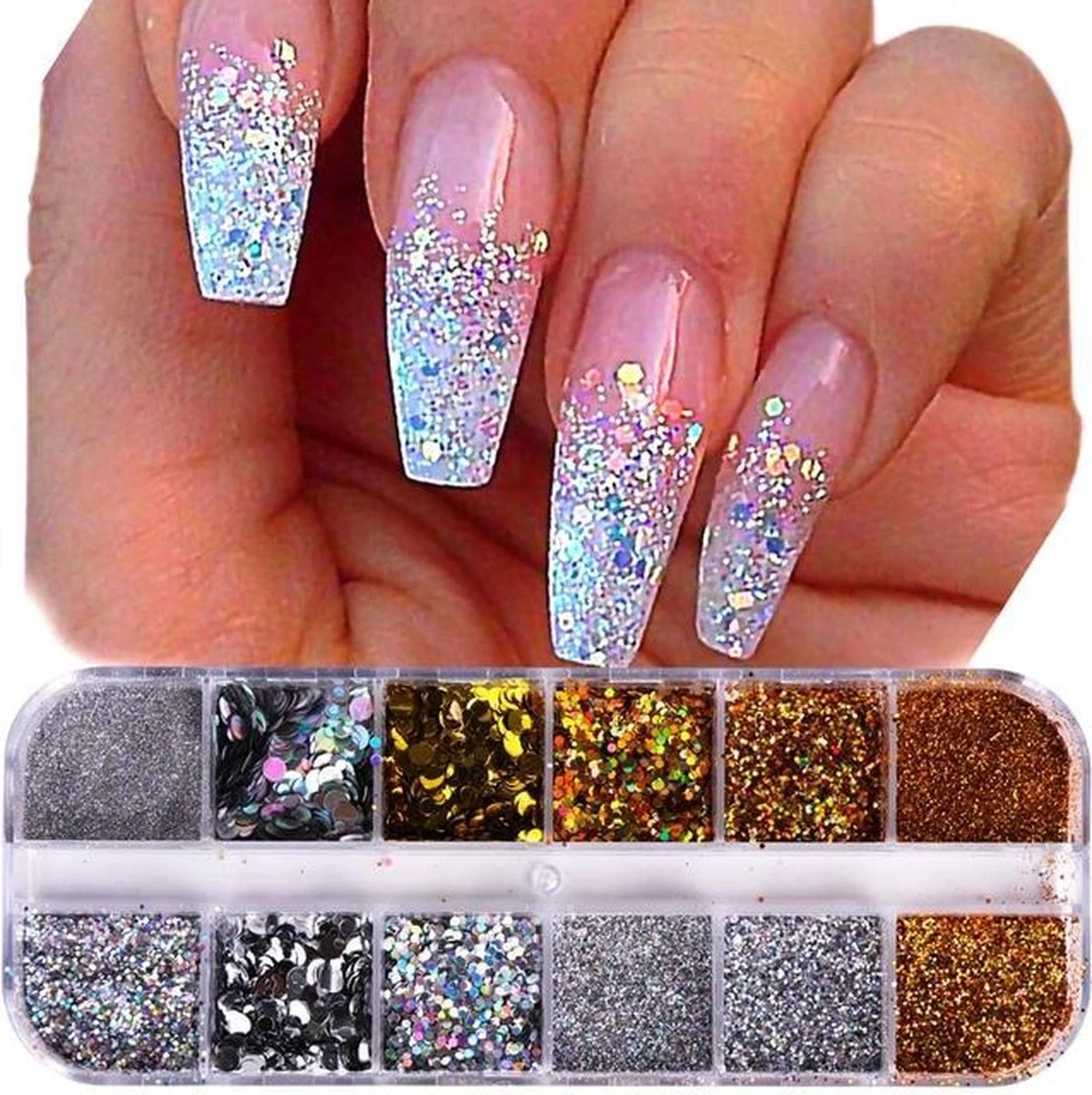 Glitter Poeder Nail Art Set - 12 Stuks - Goud / Zilver / Brons - Nagel Decoratie Strass 3 Glitter Poeder Nail Art Set - 12 Stuks - Goud / Zilver / Brons - Nagel Decoratie Strass