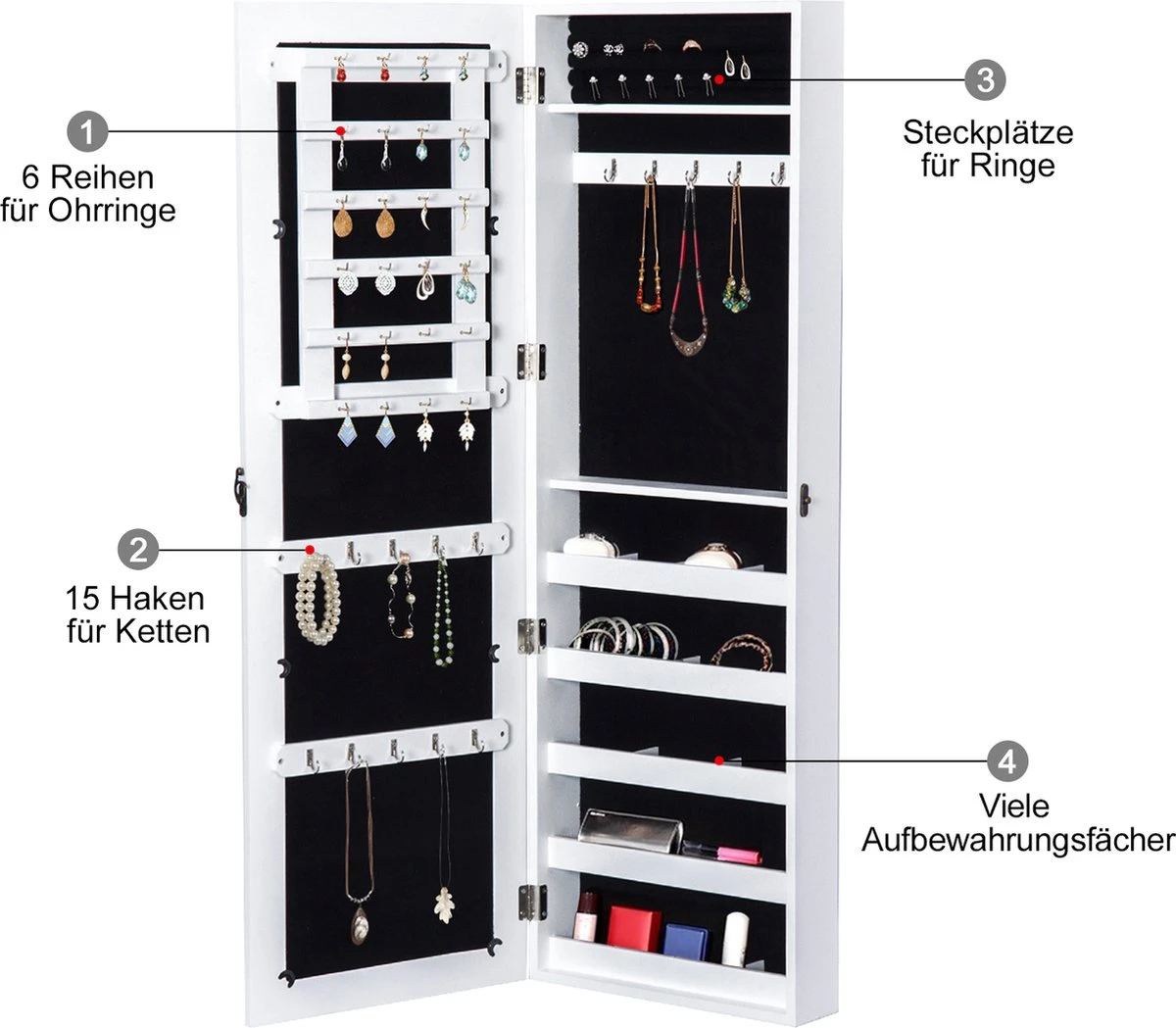 HOMCOM 2-in-1 Sieradenkast Wandspiegel Spiegelkast Sieraden Ladekast Spiegel 833-102WT 8 HOMCOM 2-in-1 Sieradenkast Wandspiegel Spiegelkast Sieraden Ladekast Spiegel 833-102WT - Image 6