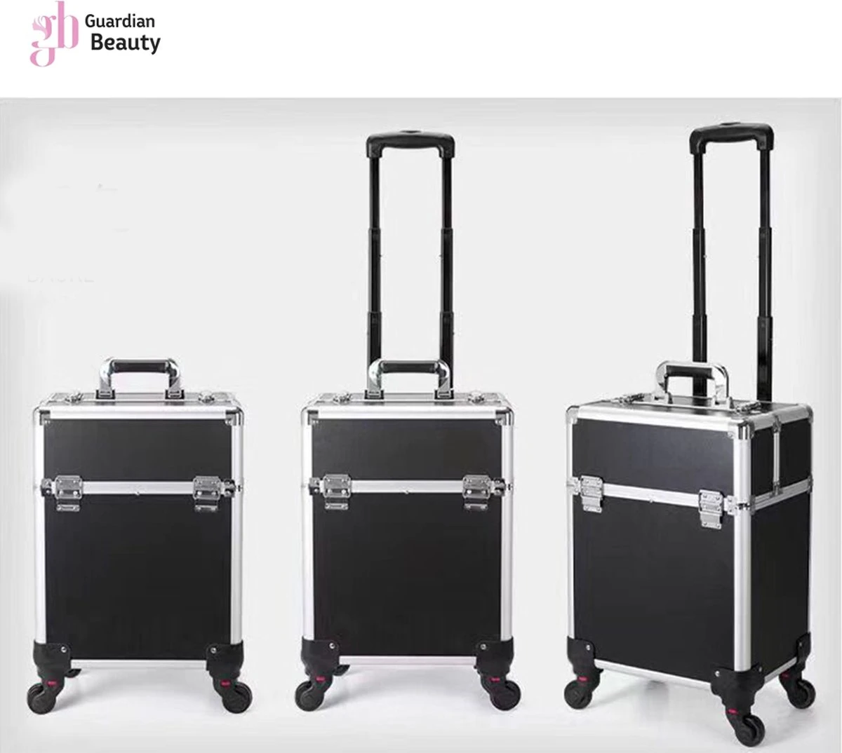 Kapper Koffer| Nagel | Visagist | Make-up | Cosmetica | Schminken | Trolley Stevig En Gemaakt Van Aluminium | 3 Delig | 8 Wielen | Bedekt Met Mooie Zilver Strips 4 Kapper Koffer| Nagel | Visagist | Make-up | Cosmetica | Schminken | Trolley Stevig En Gemaakt Van Aluminium | 3 Delig | 8 Wielen | Bedekt Met Mooie Zilver Strips - Image 2