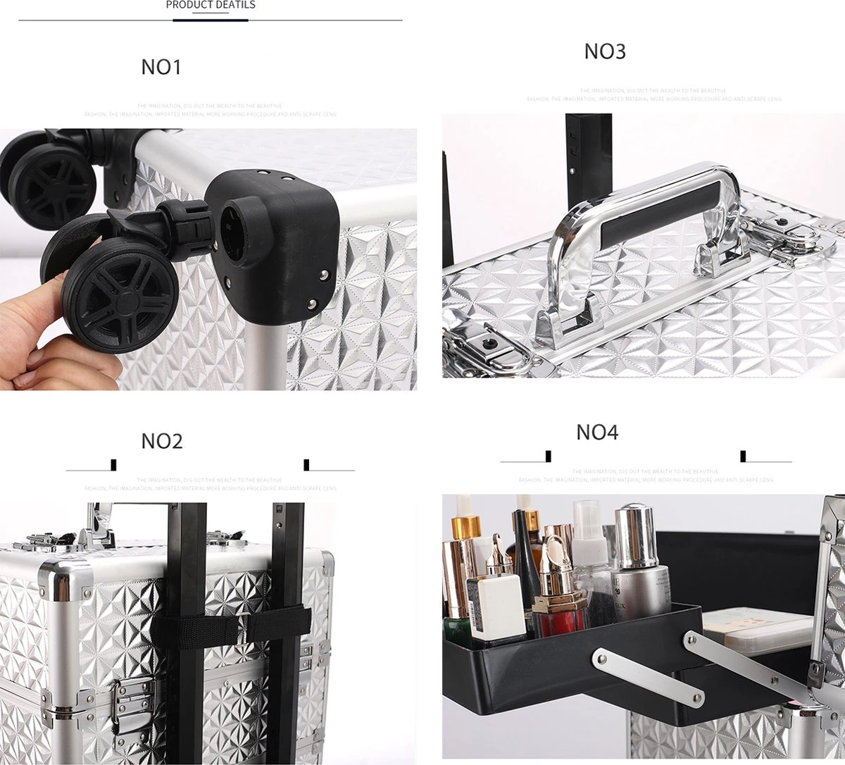 Kapper Koffer Gouden Kleur | Nagel | Visagist | Make-up | Cosmetica | Schminken | Trolley Stevig En Gemaakt Van Aluminium | 3 Delig | 8 Wielen | Bedekt Met Mooie Diamantjes 5 Kapper Koffer Gouden Kleur | Nagel | Visagist | Make-up | Cosmetica | Schminken | Trolley Stevig En Gemaakt Van Aluminium | 3 Delig | 8 Wielen | Bedekt Met Mooie Diamantjes - Image 3