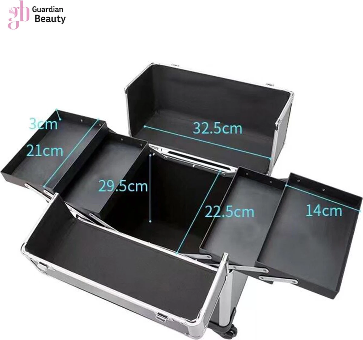 Kapper Koffer| Nagel | Visagist | Make-up | Cosmetica | Schminken | Trolley Stevig En Gemaakt Van Aluminium | 3 Delig | 8 Wielen | Bedekt Met Mooie Zilver Strips 6 Kapper Koffer| Nagel | Visagist | Make-up | Cosmetica | Schminken | Trolley Stevig En Gemaakt Van Aluminium | 3 Delig | 8 Wielen | Bedekt Met Mooie Zilver Strips - Image 4