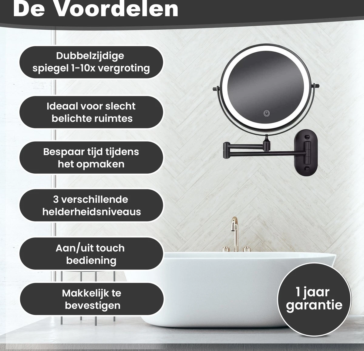 Make Up - Spiegel - Led Verlichting - 10X Vergroting - 3 Lichtstanden - Wandspiegel Rond - Badkamer - Mat Zwart - Draadloos 9 Make Up - Spiegel - Led Verlichting - 10X Vergroting - 3 Lichtstanden - Wandspiegel Rond - Badkamer - Mat Zwart - Draadloos - Image 7