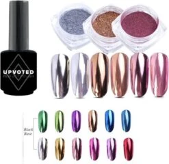 Holografische Glitter Poeder Set - Zwarte Gellak + Goud & Zilver & Roze - Nail Art – Rhinestones - 4 Stuks