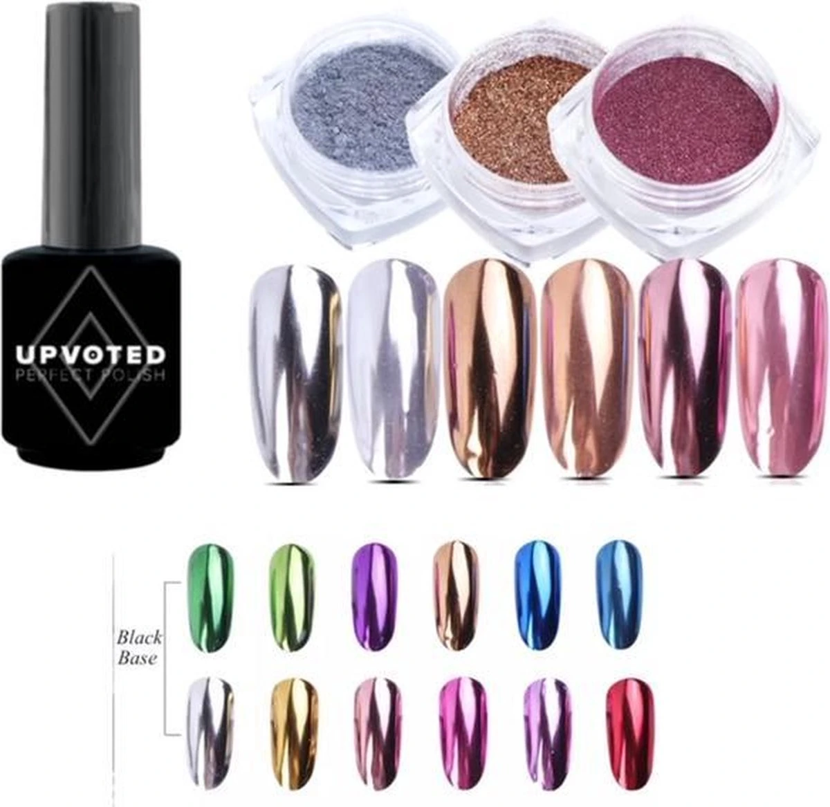 Holografische Glitter Poeder Set - Zwarte Gellak + Goud & Zilver & Roze - Nail Art – Rhinestones - 4 Stuks 3 Holografische Glitter Poeder Set - Zwarte Gellak + Goud & Zilver & Roze - Nail Art – Rhinestones - 4 Stuks