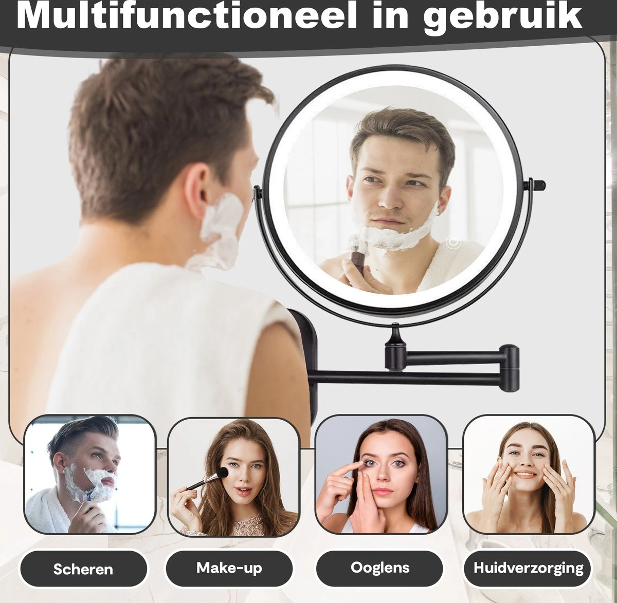 Make Up - Spiegel - Led Verlichting - 10X Vergroting - 3 Lichtstanden - Wandspiegel Rond - Badkamer - Mat Zwart - Draadloos 5 Make Up - Spiegel - Led Verlichting - 10X Vergroting - 3 Lichtstanden - Wandspiegel Rond - Badkamer - Mat Zwart - Draadloos - Image 3