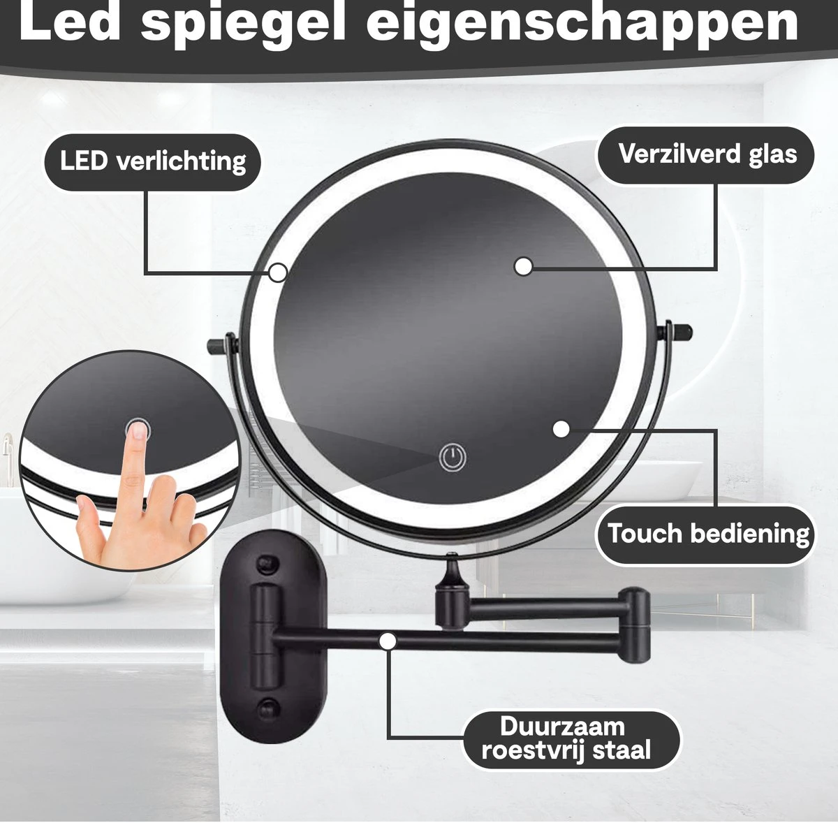 Make Up - Spiegel - Led Verlichting - 10X Vergroting - 3 Lichtstanden - Wandspiegel Rond - Badkamer - Mat Zwart - Draadloos 7 Make Up - Spiegel - Led Verlichting - 10X Vergroting - 3 Lichtstanden - Wandspiegel Rond - Badkamer - Mat Zwart - Draadloos - Image 5