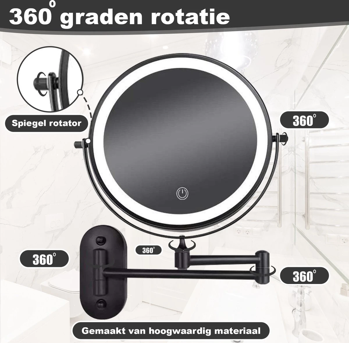 Make Up - Spiegel - Led Verlichting - 10X Vergroting - 3 Lichtstanden - Wandspiegel Rond - Badkamer - Mat Zwart - Draadloos 8 Make Up - Spiegel - Led Verlichting - 10X Vergroting - 3 Lichtstanden - Wandspiegel Rond - Badkamer - Mat Zwart - Draadloos - Image 6