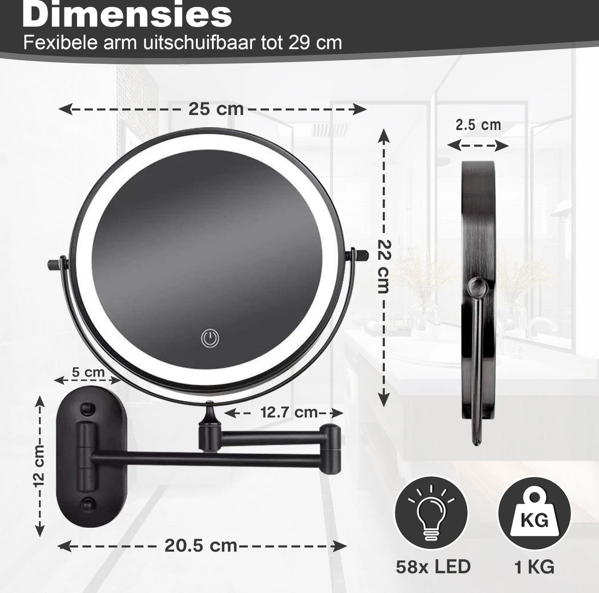 Make Up - Spiegel - Led Verlichting - 10X Vergroting - 3 Lichtstanden - Wandspiegel Rond - Badkamer - Mat Zwart - Draadloos 10 Make Up - Spiegel - Led Verlichting - 10X Vergroting - 3 Lichtstanden - Wandspiegel Rond - Badkamer - Mat Zwart - Draadloos - Image 8