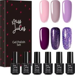 Miss Jules - 6-Delige Gellak Starterspakket - Nagellak - Kleur Paars, Lila & Glitter - Glanzend & Dekkend Resultaat