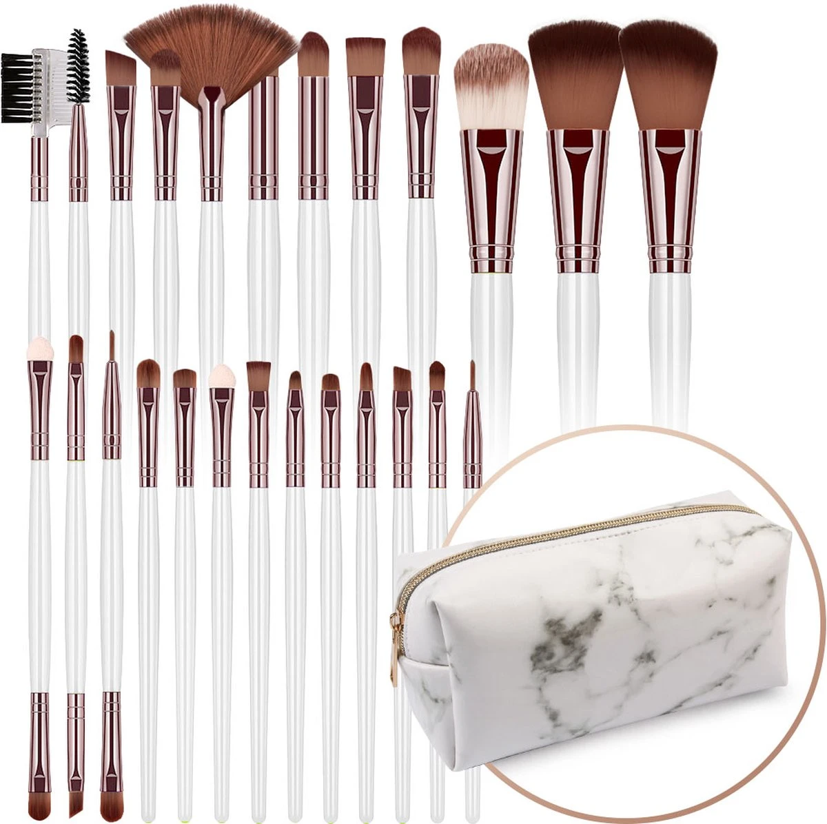Evvie 24-delige Make-up Kwastenset - Wit/Rosé Goud - In Etui Marble 3 Evvie 24-delige Make-up Kwastenset - Wit/Rosé Goud - In Etui Marble