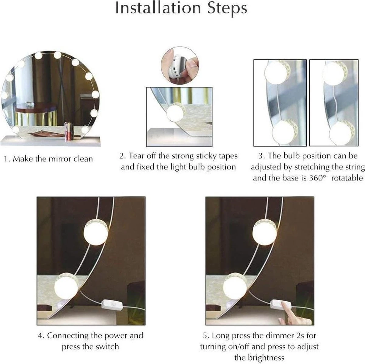 Merkloos LED Spiegel | 10 LEDS | Make-up Spiegel | Helderheid Aanpasbaar | USB Voeding | Geheugenfunctie 7 Merkloos LED Spiegel | 10 LEDS | Make-up Spiegel | Helderheid Aanpasbaar | USB Voeding | Geheugenfunctie - Image 5