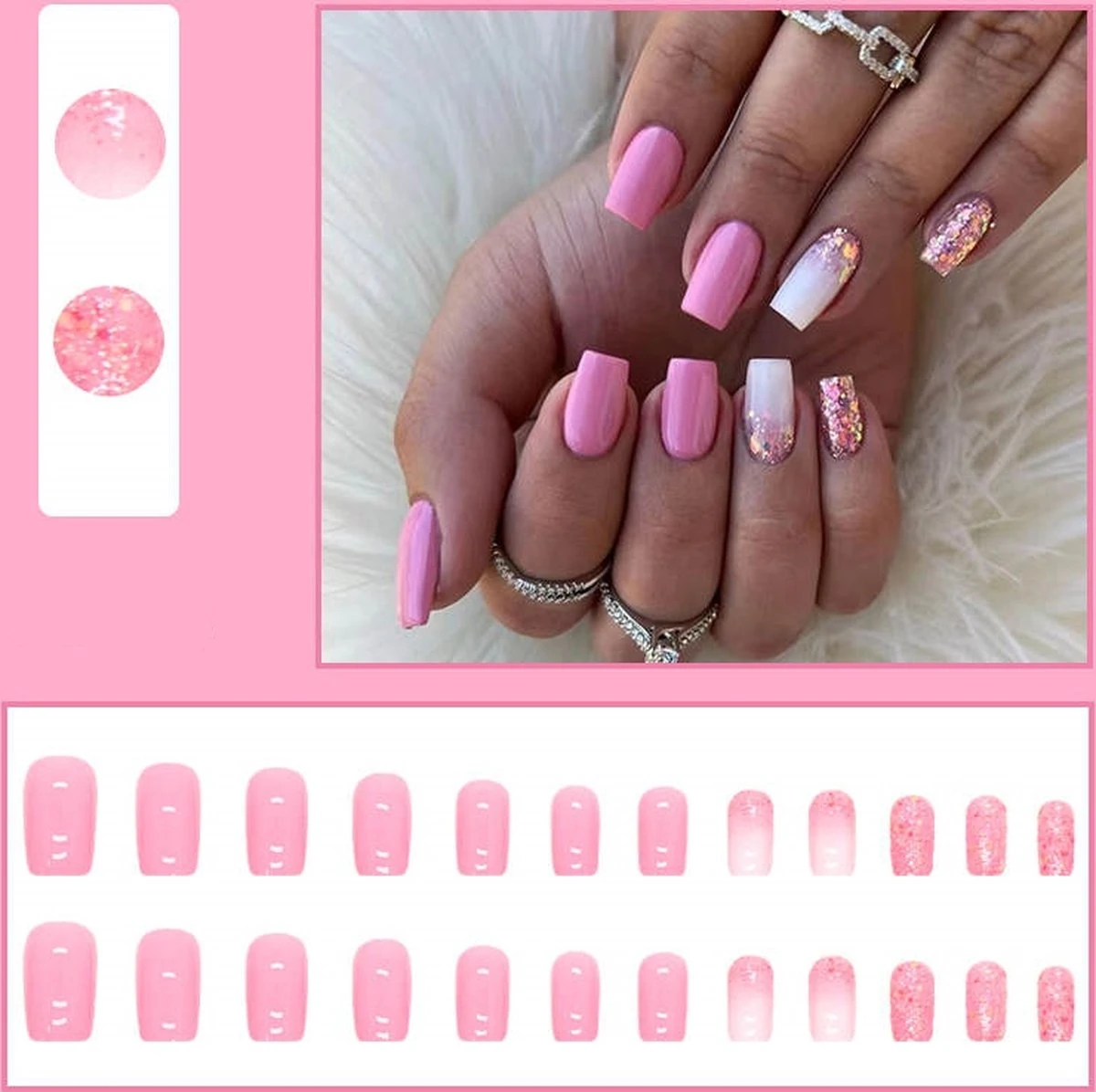 Merkloos Press On Nails - Nep Nagels - Roze Glitter - Squared Oval - Manicure - Plak Nagels - Kunstnagels Nailart – Zelfklevend 6 Merkloos Press On Nails - Nep Nagels - Roze Glitter - Squared Oval - Manicure - Plak Nagels - Kunstnagels Nailart – Zelfklevend - Image 4
