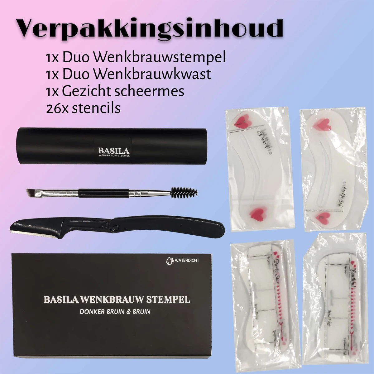 Basila® Duo Wenkbrauw Stempel Kit - Donker Bruin & Bruin - Watervast - Matte Poeder - Trimmer - 26 Stencils 4 Basila® Duo Wenkbrauw Stempel Kit - Donker Bruin & Bruin - Watervast - Matte Poeder - Trimmer - 26 Stencils - Image 2
