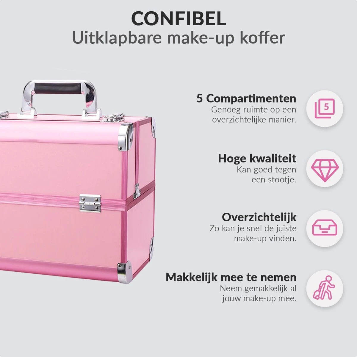 Confibel Cosmetica Koffer - Make Up Koffer Uitklapbaar - 5 Opbergbakken Make-up Koffer - Beautycase/Visagiekoffer /Cosmeticakoffer /Beautycase/ Nagelstylistekoffer - Roze 5 Confibel Cosmetica Koffer - Make Up Koffer Uitklapbaar - 5 Opbergbakken Make-up Koffer - Beautycase/Visagiekoffer /Cosmeticakoffer /Beautycase/ Nagelstylistekoffer - Roze - Image 3