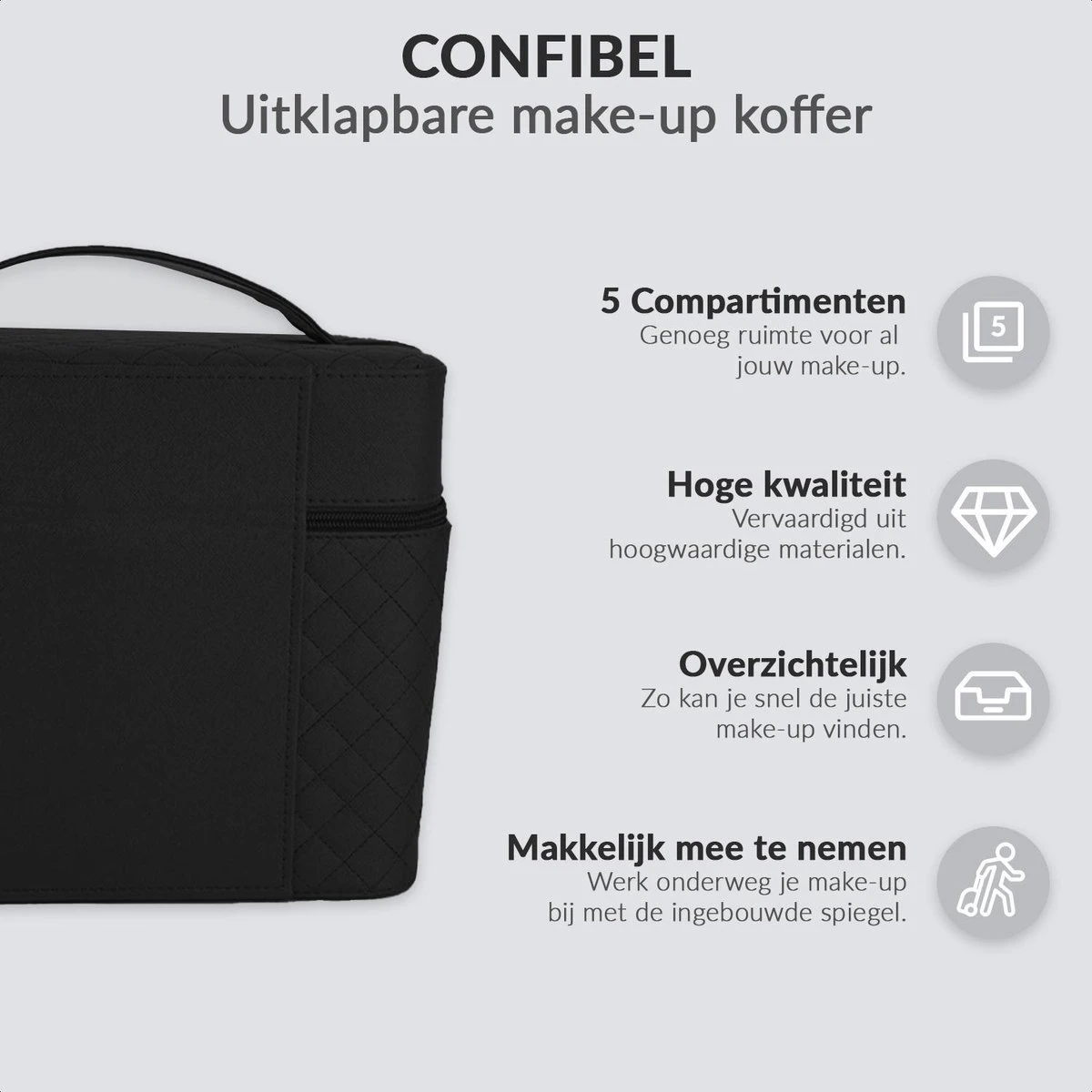 Confibel Make Up Koffer - Uitklapbaar - 5 Opbergbakken - Met Spiegel - Zwart 5 Confibel Make Up Koffer - Uitklapbaar - 5 Opbergbakken - Met Spiegel - Zwart - Image 3