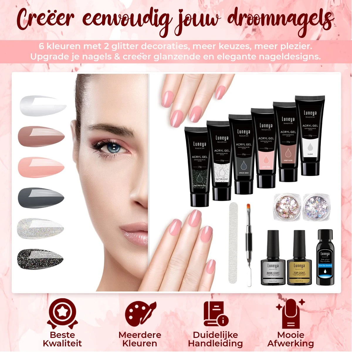 Luneya Polygel Kit - Black Pink Edition - 6 Kleuren - Polygel Nagels Starterspakket - Tasje - Incl. UV LED Lamp 5 Luneya Polygel Kit - Black Pink Edition - 6 Kleuren - Polygel Nagels Starterspakket - Tasje - Incl. UV LED Lamp - Image 3