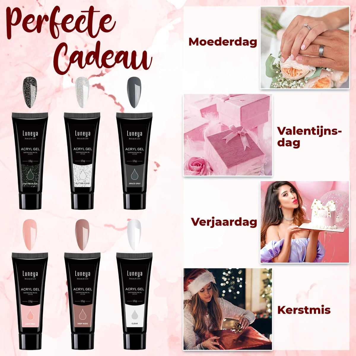 Luneya Polygel Kit - Black Pink Edition - 6 Kleuren - Polygel Nagels Starterspakket - Tasje - Incl. UV LED Lamp 8 Luneya Polygel Kit - Black Pink Edition - 6 Kleuren - Polygel Nagels Starterspakket - Tasje - Incl. UV LED Lamp - Image 6