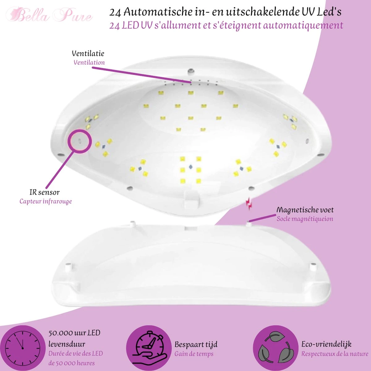 Bella Pure 48W Nageldroger - Vinger- En Teennagels - Bewegingssensor En Timer - 24 LED's 4 Bella Pure 48W Nageldroger - Vinger- En Teennagels - Bewegingssensor En Timer - 24 LED's - Image 2