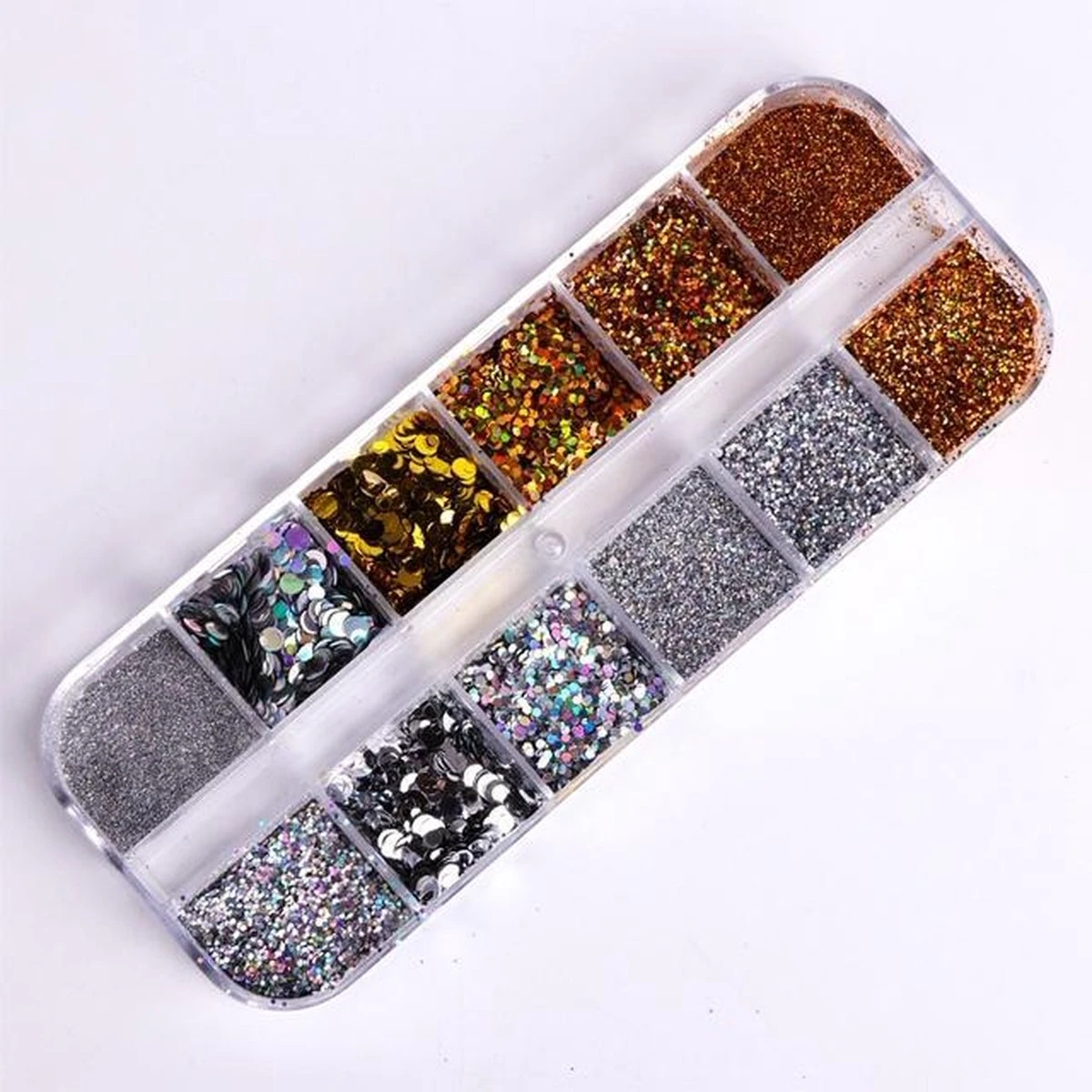 Glitter Poeder Nail Art Set - 12 Stuks - Goud / Zilver / Brons - Nagel Decoratie Strass 7 Glitter Poeder Nail Art Set - 12 Stuks - Goud / Zilver / Brons - Nagel Decoratie Strass - Image 5