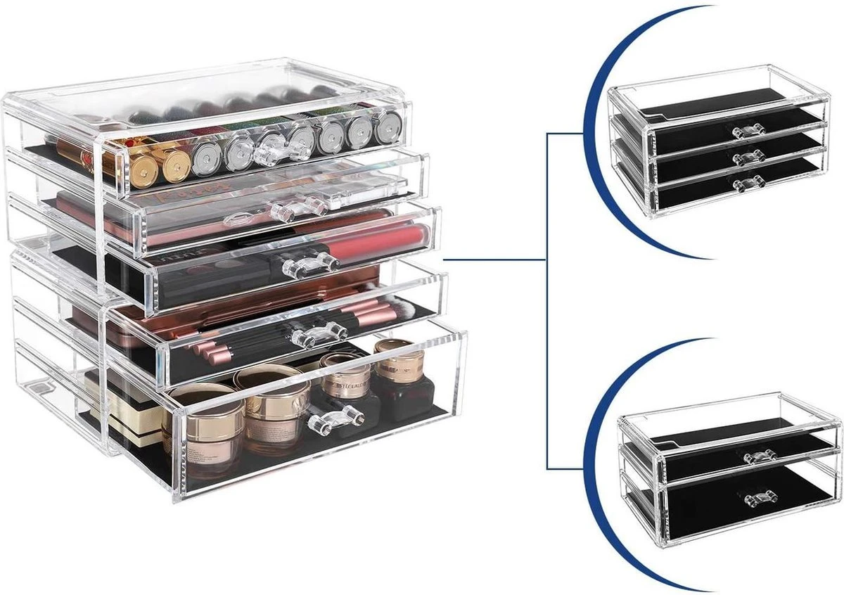 SONGMICS Make-up Organiser, 2-delige Opbergdozen Voor Sieraden En Cosmetica, Stapelbaar, Met 5 Laden, Transparant Polystyreen JMU32TP 5 SONGMICS Make-up Organiser, 2-delige Opbergdozen Voor Sieraden En Cosmetica, Stapelbaar, Met 5 Laden, Transparant Polystyreen JMU32TP - Image 3