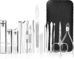Medies - Luxe Manicureset 16 Delig Met Lederen Luxe Etui | Pedicure Set | Manicure Etui | Manicure Sets | Pedicure Sets | Nagelverzorging | Nagelknippers | Comedonlepels | Nagelvijl | Nagelriemknipper | Teennageltang | Nagelschaar | RVS