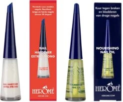 Herome Combi-Pack Nagelverharder Extra Sterk En Base Coat - Nagelversterker - Met Voedende Nagelolie - Herstelt Droge, Breekbare Nagels - Verhelpt Zwakke En Gevoelige Nagels (Nail Hardener Extra Strong & Nourishing Nail Oil) - 2*10ml. -Modecosmetica Winkel 1200x996