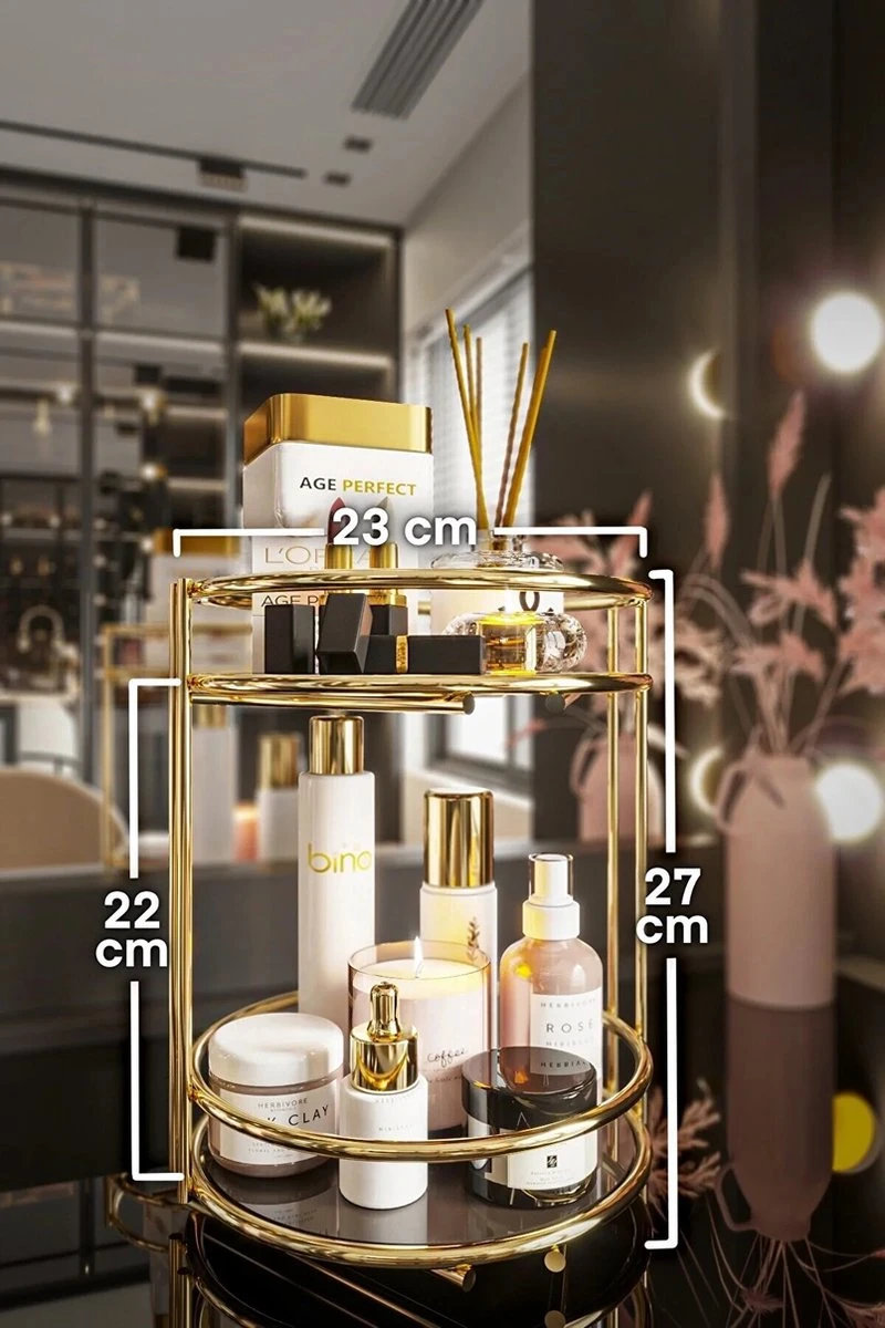 KIARA Badkamer Cosmetische Sieraden Organizer Multifunctionele Organizer 2-Tier Dienblad Catering Goud 4 KIARA Badkamer Cosmetische Sieraden Organizer Multifunctionele Organizer 2-Tier Dienblad Catering Goud - Image 2