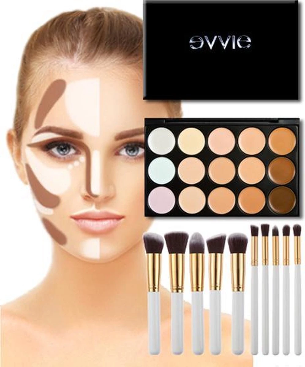 Evvie Contouring Set/ Concealer Palette Met 10-delige Kabuki Kwasten Set 3 Evvie Contouring Set/ Concealer Palette Met 10-delige Kabuki Kwasten Set